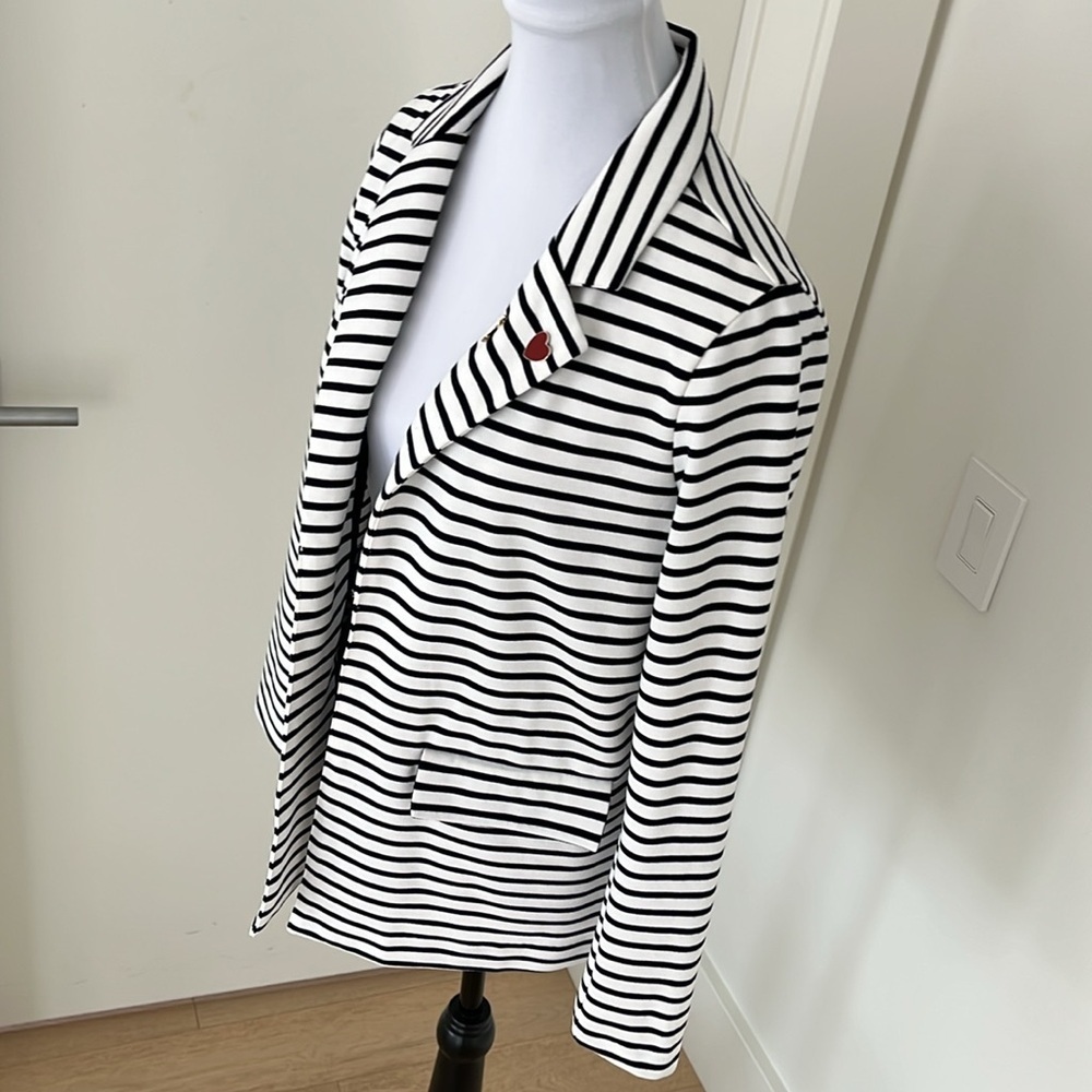 FDJ Striped Unstructured Blazer Open Front Lapels Flap Pockets Nautical Career - Picture 5 of 17